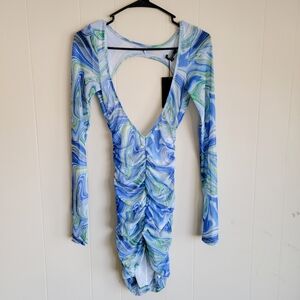 By Dyln Plunge Tiedye Long Sleeve Bodycon Mini Dress